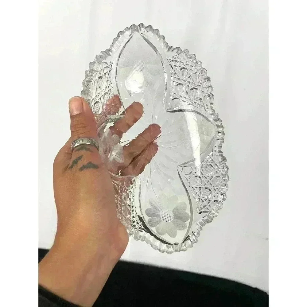 ABP Style Oblong Clear Cut Crystal Dish with‎ Sawtooth Rim American Brilliant